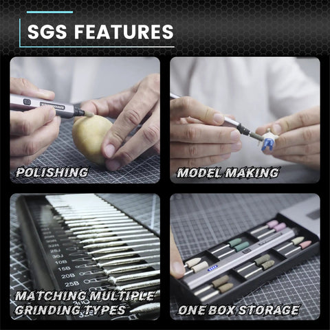 Four images showing Cordless Rotary Tool Kit With 36 Bits and Aluminum Case featuring polishing, model making, and storage.