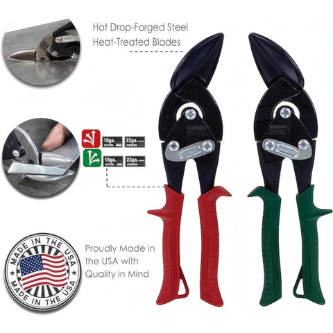 Midwest Blackout aviation snips with red and green handles; left- and right-cut offset tinner shears, USA-made.