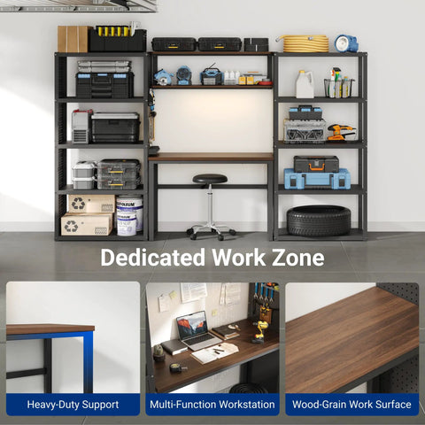 Modular Garage Storage System With Workbench And Pegboard Shelving, 117-Inch Heavy-Duty Steel Organizer, open shelves, and tool rack