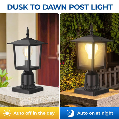 Outdoor Post Light Fixture With Dusk To Dawn Sensor Six Inch Aluminum Lantern With Clear Glass for garden pathway