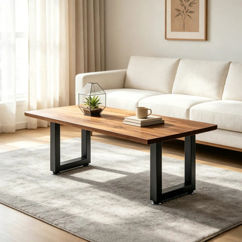 Heavy Duty Steel Table Legs 16 Inch Rock Solid Metal Bench Legs Set Of Two supporting a wooden coffee table in a bright living room.