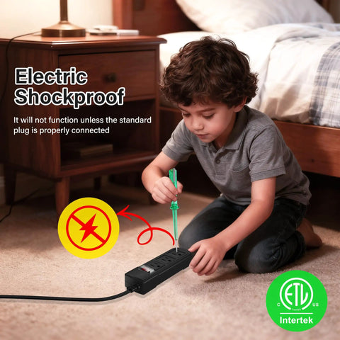 Child playing with Intertek listed power strip on bedroom floor, demonstrating electric shockproof safety