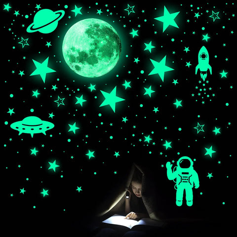 Glow In The Dark Stars And Planets Ceiling Wall Decor Kit With Rockets And Astronauts For A Galaxy Themed Kids Room Or Nursery Bedroom Totally Kid Friendly 1078 Piece Starry Sky Sticker Set glowing in a child's room