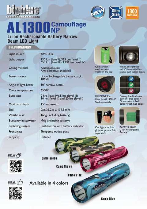 AL1300 Lumen Narrow Beam Dive Light With 10 Degree Beam Four Power Levels Push Button On Off Battery Level Indicator Blue Finish Built For Night Dives And Serious Deep Sea Exploration, showing multiple color options and specifications.
