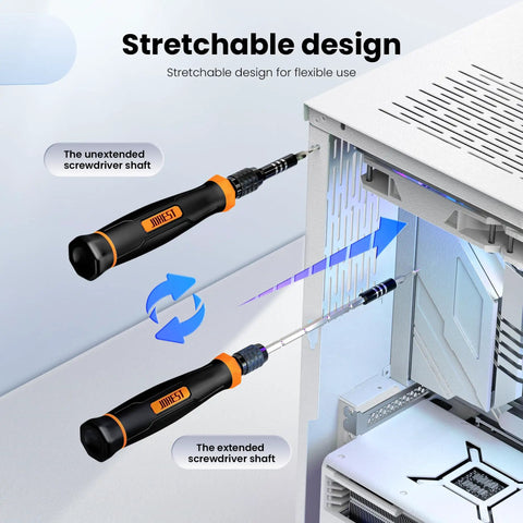 152 In 1 Precision Screwdriver Set With Magnetic Bit Kit demonstrating extendable shaft in use on PC