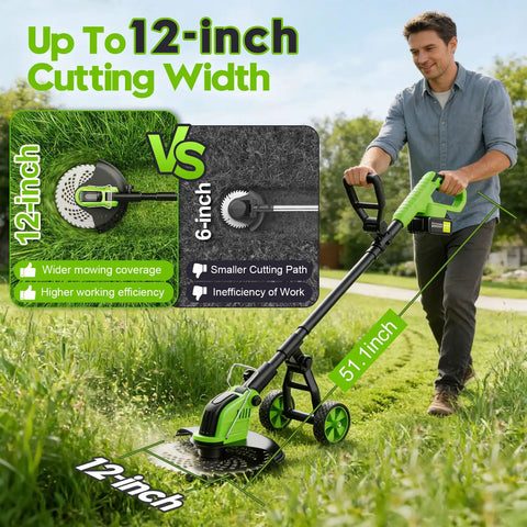 Person using 20000 RPM Cordless Weed Wacker With Wheel 12 Inch Brushless 4 In 1 Grass Trimmer Cutter Edger Battery Powered