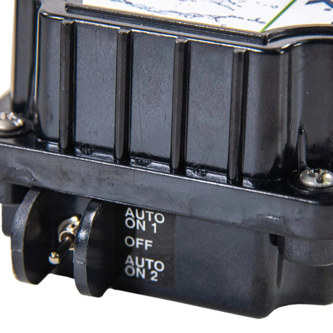 Black valve actuator with dual Auto On switches labeled Auto On 1 and Auto On 2