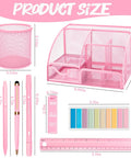 Pink desk organizer with pens, highlighter, and ruler, dimensions labeled within image, similar style to Blue Desk Accessories Set 16 Piece Office Supplies Kit With Stapler Tape Dispenser Pen Holder Staple Remover Hole Punch Scissors Ruler Dual Tip Highlighter 2 In 1 Stylus Pen Mechanical Pencil And More For Home Office School.