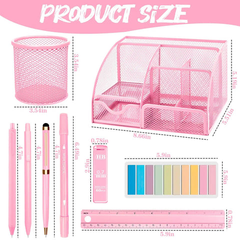 Pink desk organizer with pens, highlighter, and ruler, dimensions labeled within image, similar style to Blue Desk Accessories Set 16 Piece Office Supplies Kit With Stapler Tape Dispenser Pen Holder Staple Remover Hole Punch Scissors Ruler Dual Tip Highlighter 2 In 1 Stylus Pen Mechanical Pencil And More For Home Office School.