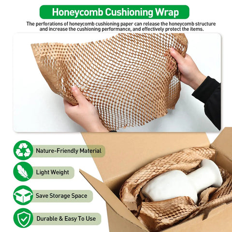 Hands holding eco friendly honeycomb packing paper cushioning wrap sheets, biodegradable kraft paper alternative to bubble wrap.