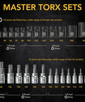 Heavy Duty 25 Piece Torx Bit And E Socket Set Made From Tough S2 Alloy And Chrome Vanadium Steel including various sized sockets.