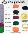 Do It All Headlight Restoration Kit With Three Inch Drill Sanding Discs And One Quarter Inch Shank Backing Hook And Loop Sanding Papers Scouring Pads Polishing Sponge Soft Interface Pad And Masking Tape showing package contents