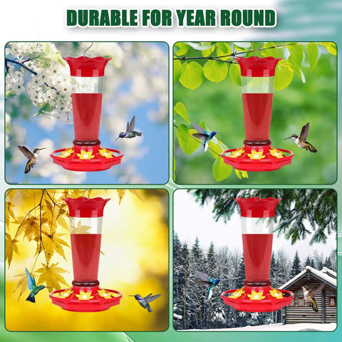 2 Pack 10oz Plastic Hummingbird Feeder With Ant And Bee Proof Design in seasonal settings, featuring six flower-shaped feeding ports.