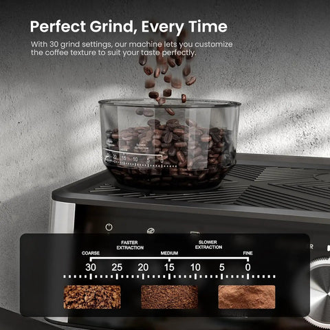Ditch The Daily Coffee Run With This Pro Home Espresso Maker Featuring A Built In Grinder And Adjustable Milk Frother 15 Bar Extraction Pump Plus Instant Hot Water For Smooth Daily Lattes showcasing coffee beans and grind settings on stylish espresso maker.