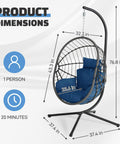 Hanging Egg Chair With Stand For Indoor And Outdoor Relaxation And Kick Back Vibe 350 Lb Capacity Waterproof PE Rattan Wicker Swing Seat With Cushions Foldable Patio Garden Balcony Backyard, showing product dimensions.
