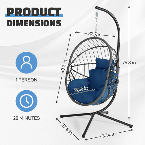 Hanging Egg Chair With Stand For Indoor And Outdoor Relaxation And Kick Back Vibe 350 Lb Capacity Waterproof PE Rattan Wicker Swing Seat With Cushions Foldable Patio Garden Balcony Backyard, showing product dimensions.