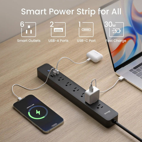 The Real Deal Smart Plug Power Strip With Six Individually Switched Outlets And Three Usb Ports Offering Thirty Watt Fast Charge Surge Protector Alexa And Google Home Compatible Energy Monitor Six Foot Cord on a desk.