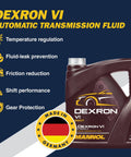 Universal Full Synthetic ATF Gearbox Fluid For Automatic Transmissions And Hydraulic Steering Covers Eight Dexron VI Specs In All In One Bottle four liter bottle package with features listed.