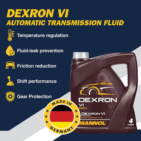 Universal Full Synthetic ATF Gearbox Fluid For Automatic Transmissions And Hydraulic Steering Covers Eight Dexron VI Specs In All In One Bottle four liter bottle package with features listed.