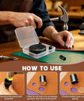 Person using 24 Piece Leather Circle Punch Set Pro Grade High Carbon Steel Hole Punch Kit for DIY Leather Crafts on a workbench.