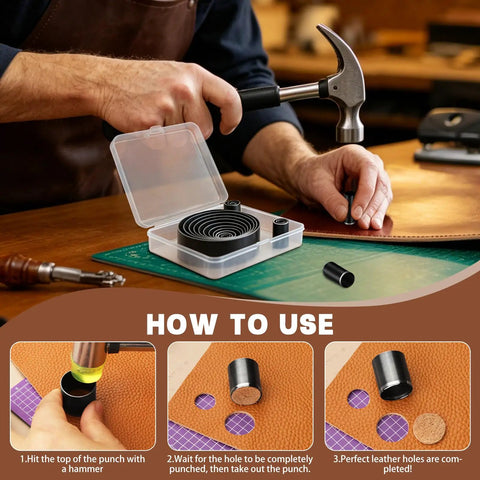 Person using 24 Piece Leather Circle Punch Set Pro Grade High Carbon Steel Hole Punch Kit for DIY Leather Crafts on a workbench.