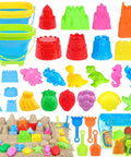Collapsible Beach Toys Set For Kids And Toddlers 32 Piece Sandbox Kit with colorful molds, sea animals, and buckets