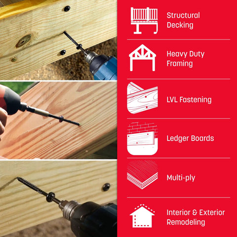 Heavy Duty 5/16 X 3 1/8 Inch Rugged Structural Screws In Matte Black, 25 Piece Bundle, used for structural decking and framing.