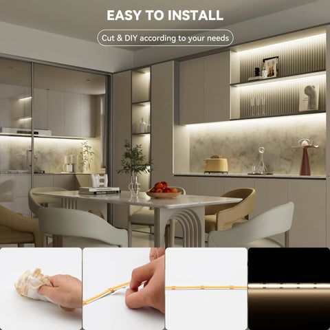 48ft COB LED Strip Lights Crazy Bright 4000K Natural White For Cabinets And Home DIY Lighting installed in modern kitchen