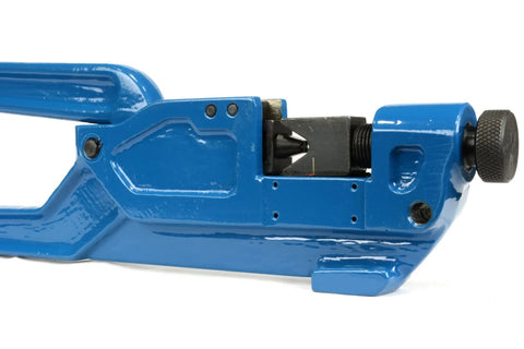 Close-up of Rugged Dieless Lug Crimp Tool For 8 AWG To 4/0 Cables QuickAdjust Battery And Welder Lugs, blue and black finish.
