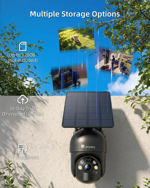 3MP Solar Wireless Outdoor Security Camera With PTZ and solar panel under blue sky with storage options illustrated.