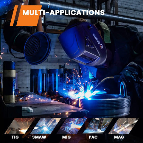 Welder using Auto Darkening Welding Helmet with Large 3.94 by 3.82 Inch Viewing Screen in multi-application setting