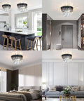 Two Tier Crystal Flush Mount Ceiling Light With Black Finish Real K9 Crystals in modern kitchen, hallway, bedroom, and living room.