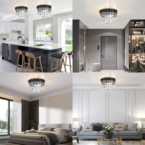 Two Tier Crystal Flush Mount Ceiling Light With Black Finish Real K9 Crystals in modern kitchen, hallway, bedroom, and living room.
