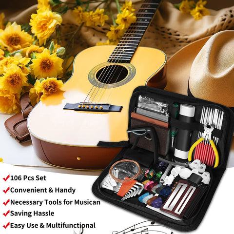 All-In-One 106-Piece Guitar Tool Kit With Capo, Strings, Picks, Bridge Pins, displayed with acoustic guitar and flowers
