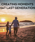 Family walking on beach at sunset creating moments that last generations.