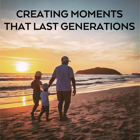 Family walking on beach at sunset creating moments that last generations.
