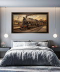 Dope 3D Large Wall Art of Retro Steam Locomotive Station Scene Vintage Industrial Railway Painting on Matte Fabric over bed