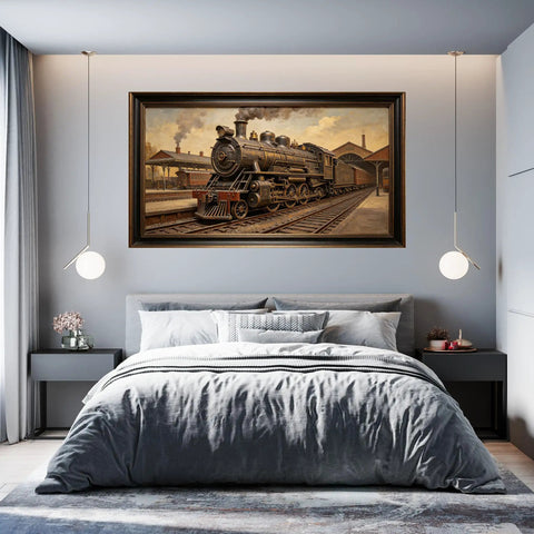 Dope 3D Large Wall Art of Retro Steam Locomotive Station Scene Vintage Industrial Railway Painting on Matte Fabric over bed