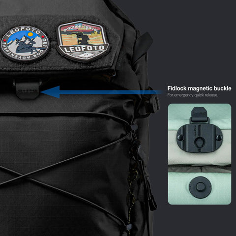 Close-up of Fidlock buckle on 35L Camera Backpack For Photographers And Videographers, Built Tough Rugged Outdoor Gear Bag