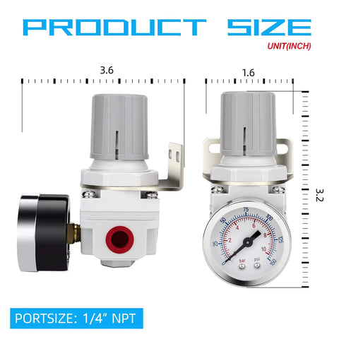 Front and side view of 1/4 Inch NPT Air Regulator with gauge for compressed air systems, showing dimensions and locking knob.