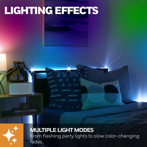 Color Changing RGB LED Strip Light 16.4 Ft With Motion Sensor And Remote illuminating a bedroom with vibrant colors
