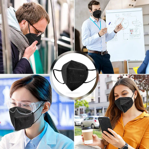Collage of people wearing KN95 Face Mask 60 Pack Individually Wrapped 5 Layer Breathing Masks in various settings.