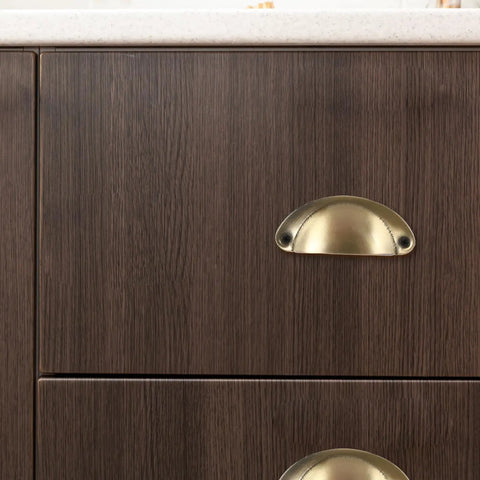 Gold finish cup pull on dark wood drawer, Ten Piece Set Antique Style Iron Cabinet Handles Cup Pulls 81 By 35 Millimeter Rustic Drawer Pulls Hardware For Kitchen Cabinets And Furniture Replacement With Old School Charm.