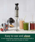 Smart Stick Variable Speed Hand Blender, 300 Watt Stainless Steel Immersion Mixer With Comfort Grip Handle, Slays Soups And Smoothies With Ease, Featuring Push Button Control And Variable Speed Settings For Effortless Blending Magic In Your Kitchen, shown with various blended drinks and a mixing container.