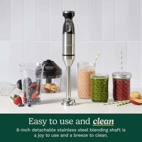Smart Stick Variable Speed Hand Blender, 300 Watt Stainless Steel Immersion Mixer With Comfort Grip Handle, Slays Soups And Smoothies With Ease, Featuring Push Button Control And Variable Speed Settings For Effortless Blending Magic In Your Kitchen, shown with various blended drinks and a mixing container.
