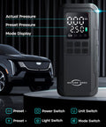 Portable Tire Inflator Air Compressor With 7500mAh Battery, 150 PSI Cordless Pump next to a car, showing digital display controls.