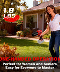 Woman using Cordless Leaf Blower For 18V Batteries 720 CFM 180 MPH Handheld Brushless Dust Blower with light on lawn