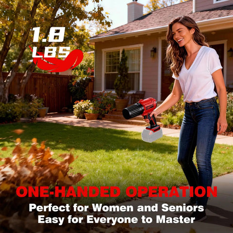Woman using Cordless Leaf Blower For 18V Batteries 720 CFM 180 MPH Handheld Brushless Dust Blower with light on lawn