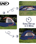 Two Person Waterproof Windproof Camping Tent With Rainfly Easy Setup Portable Dome Shelter in three stages on grass