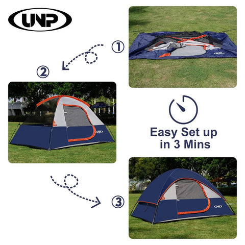 Two Person Waterproof Windproof Camping Tent With Rainfly Easy Setup Portable Dome Shelter in three stages on grass
